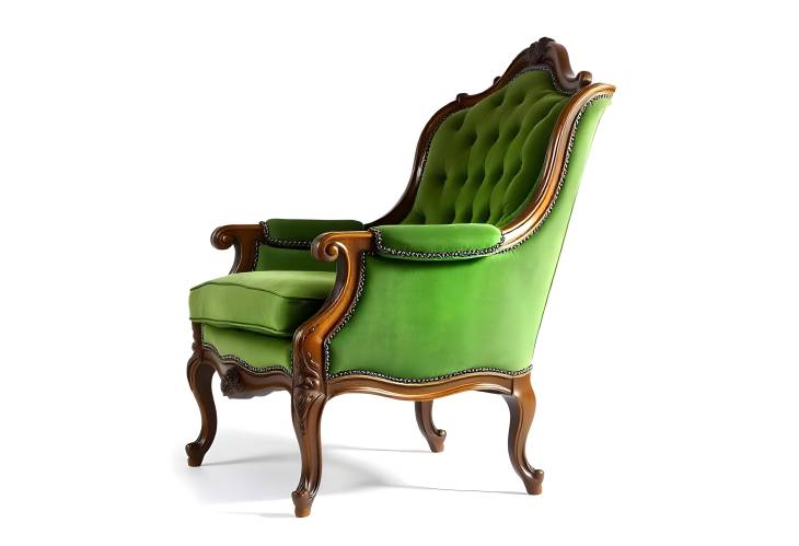 Antique Green Armchair with Luxurious Velvet Upholstery on White Background